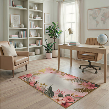 Pink Floral Vintage Pink Floral Gold Washable Area Rug