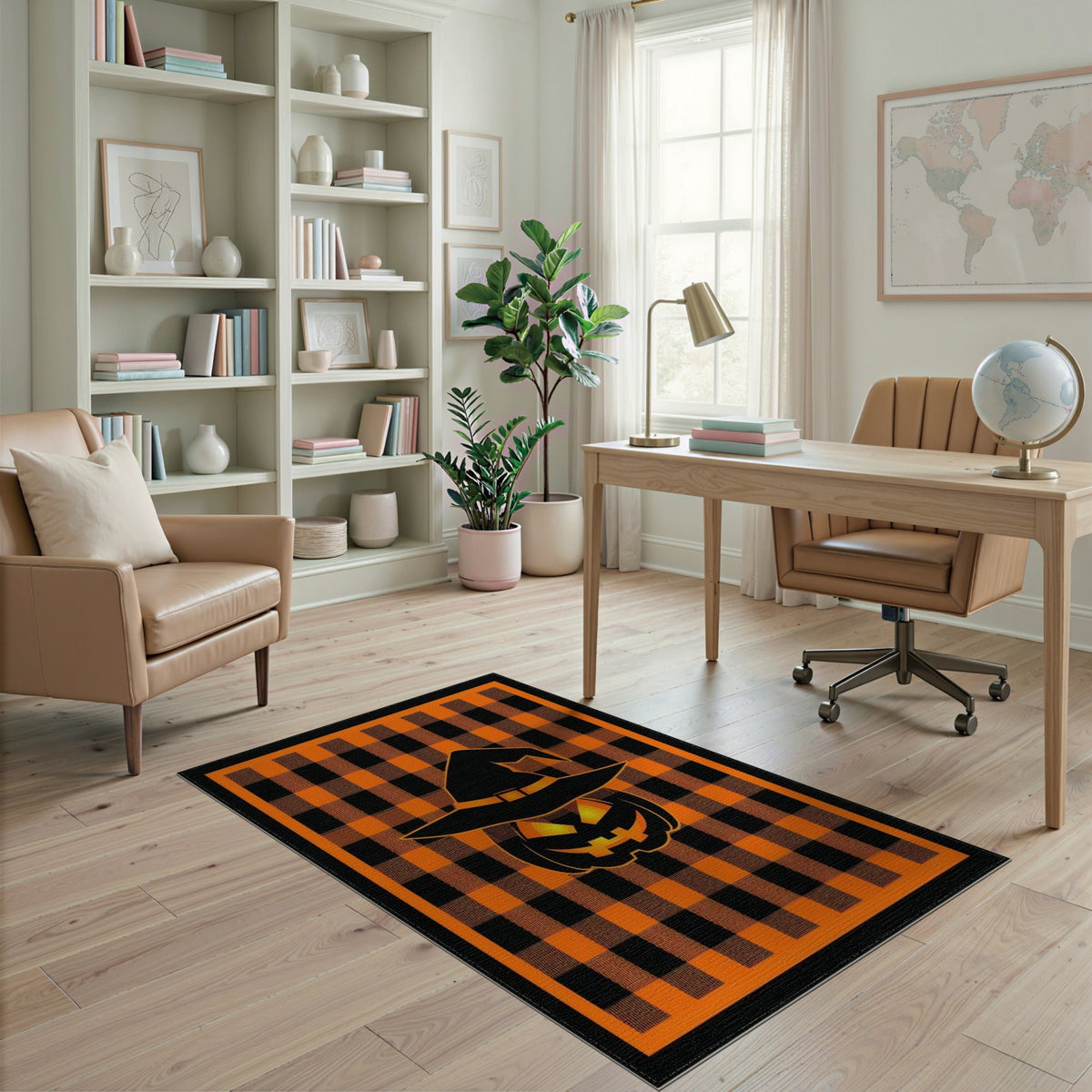 Orange Buffalo Check Pumpkin Witch Hat Area Rug