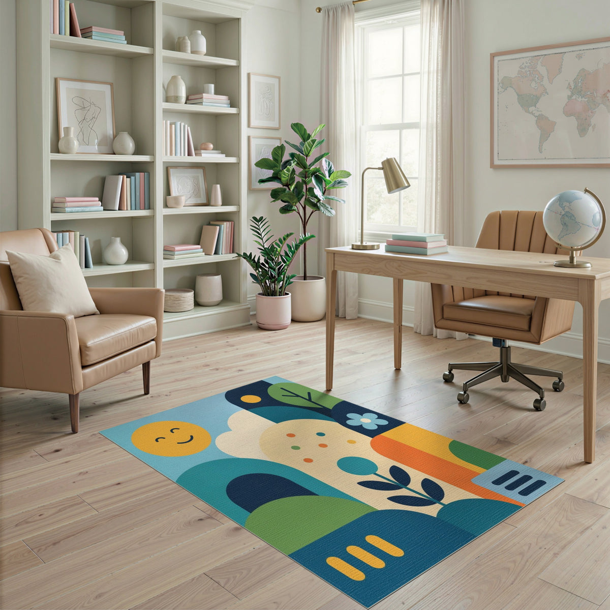 Smiling Sun Blue Teal Kids Cartoon Washable Area Rug