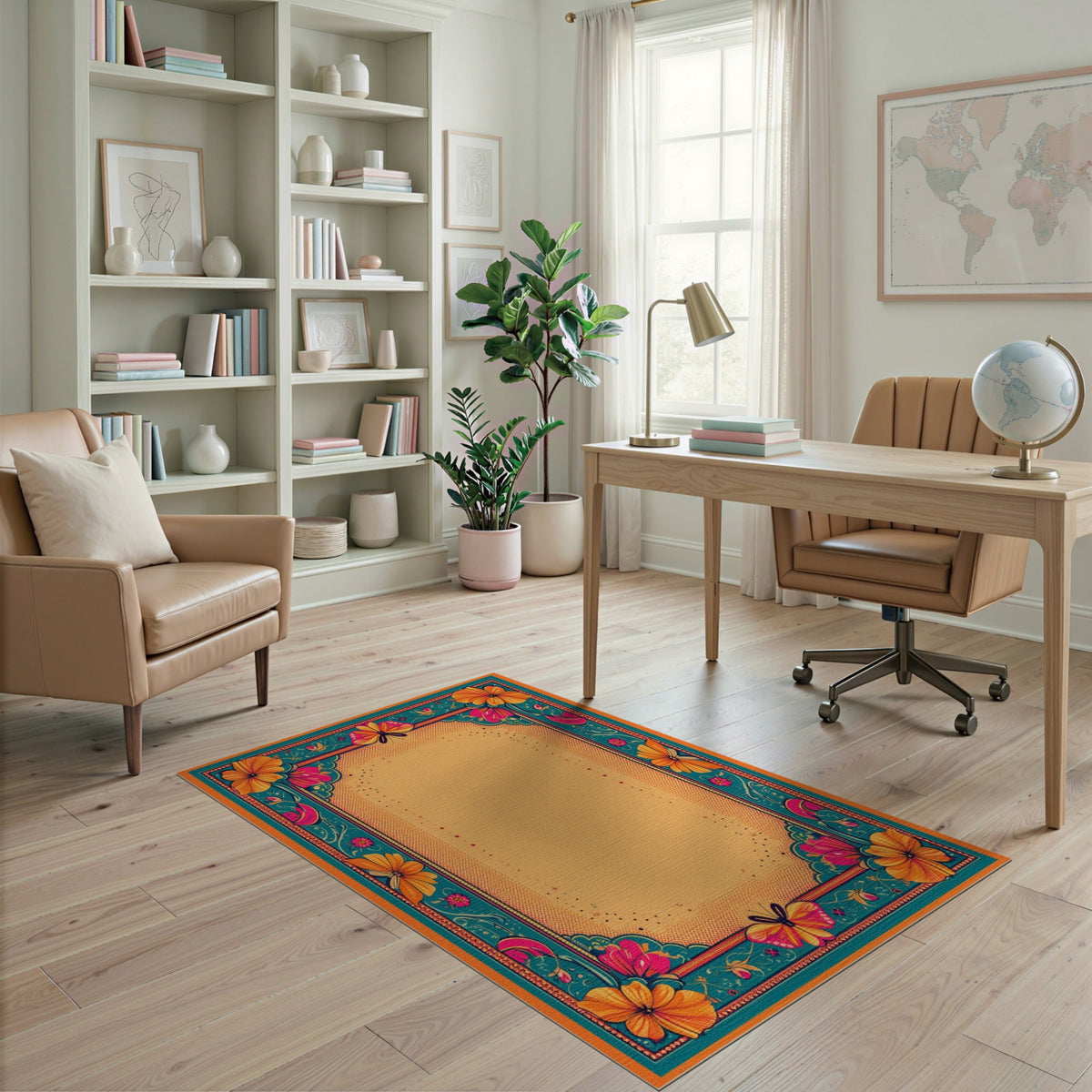Vibrant Floral Butterfly Teal Border Area Rug
