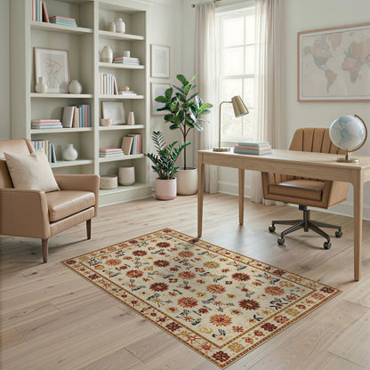Beige and Neutral Beige Vintage Floral Medallion Area Rug