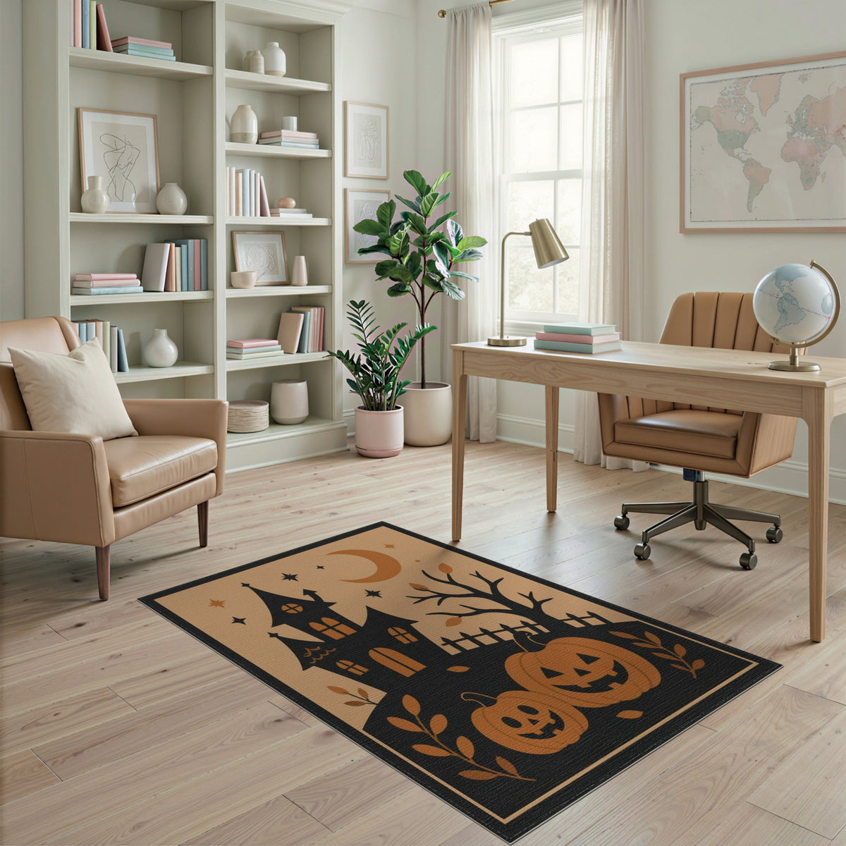 Spooky Haunted House Orange Pumpkins Area Rug