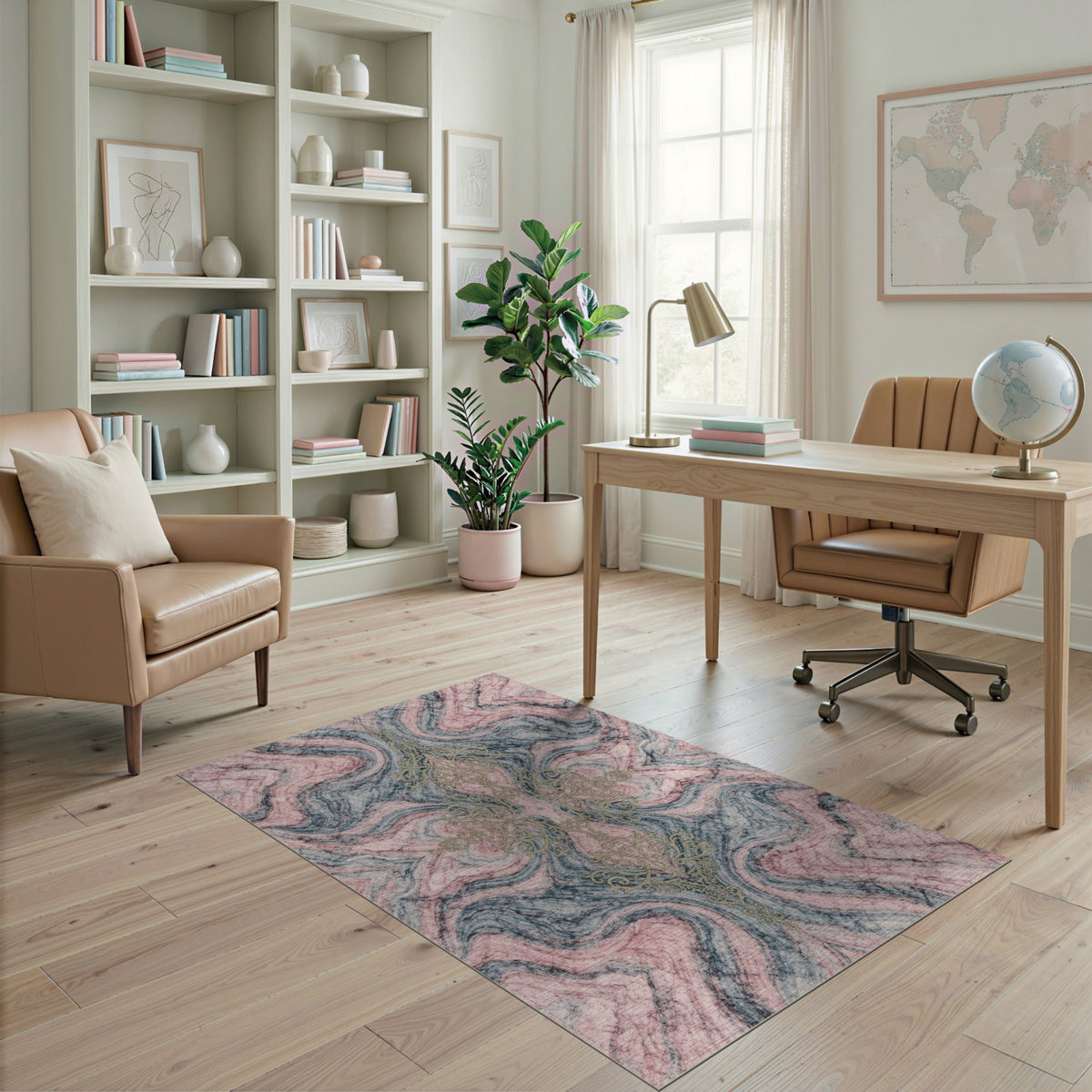 Pink Marble Gold Filigree Area Rug