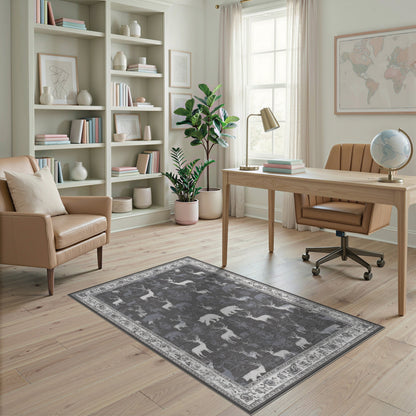 Grey Deer Bear Wildlife Area Rug