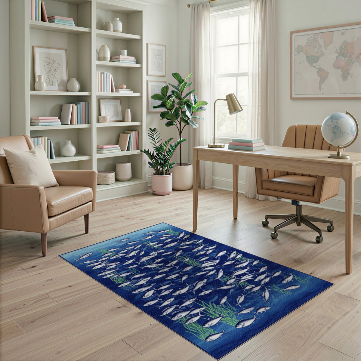 Blue Ocean Fish School Washable Area Rug
