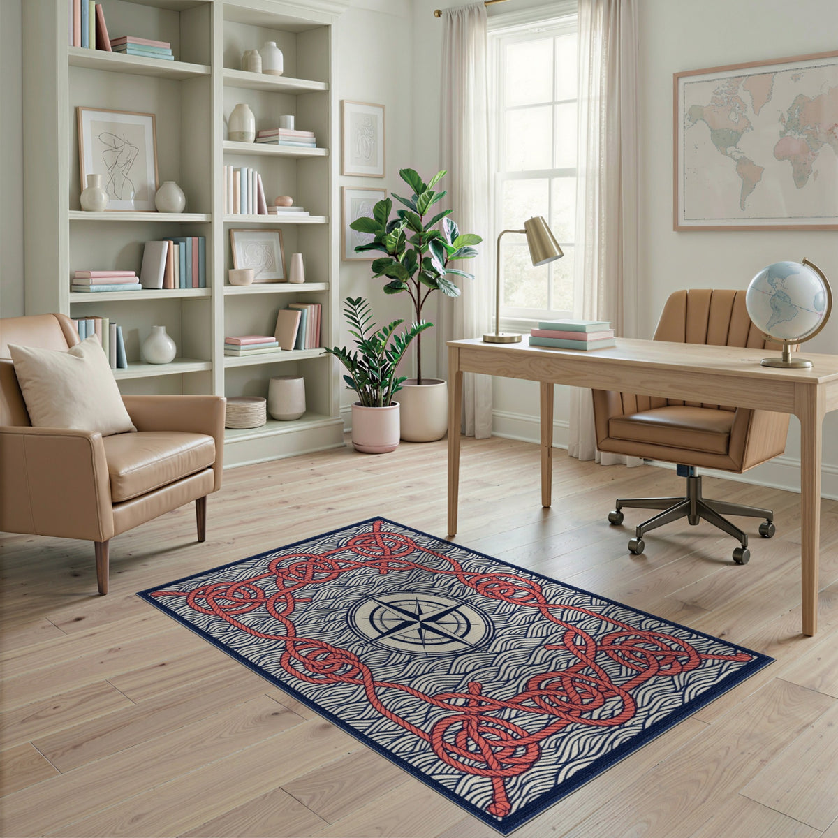 Red Rope Compass Nautical Area Rug