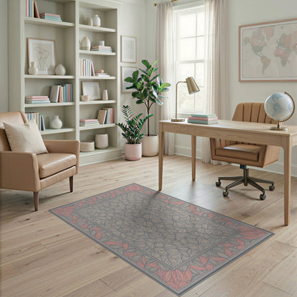 Grey Floral Leaf Medallion Area Rug