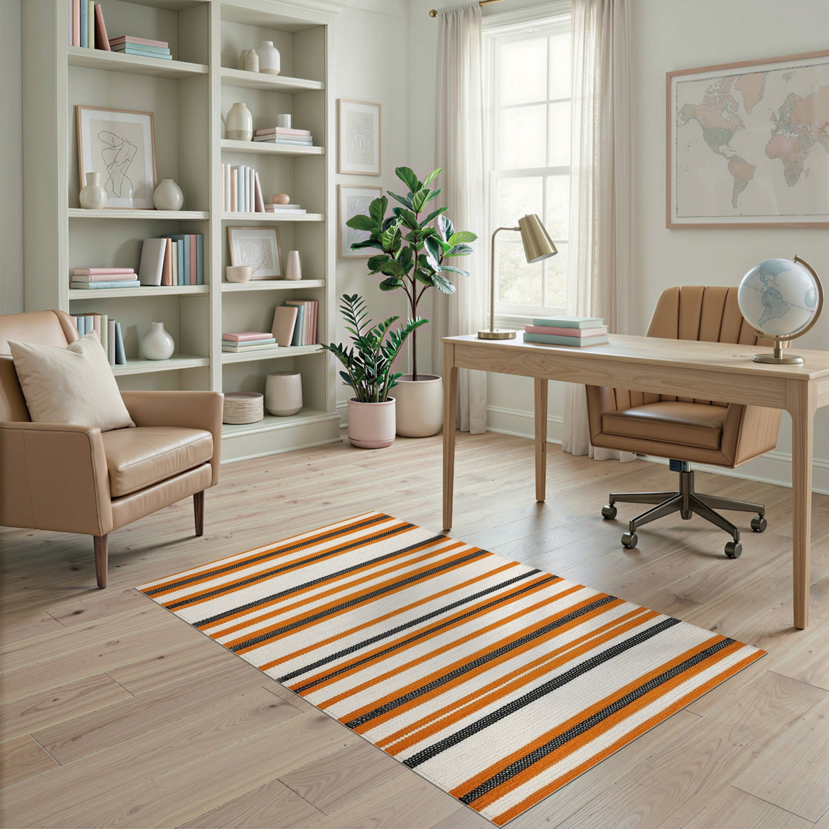 Orange Black Striped Geometric Area Rug