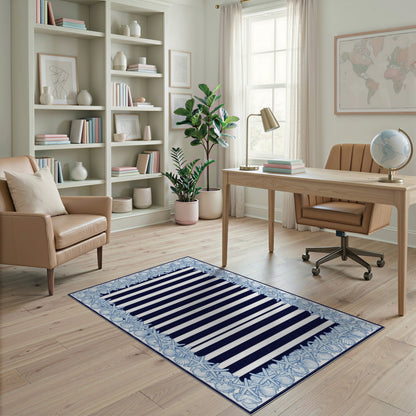 Navy Striped Coastal Area Rug with Seashell Starfish Border