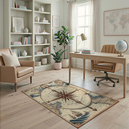 Brown and Tan Vintage Compass Map Area Rug