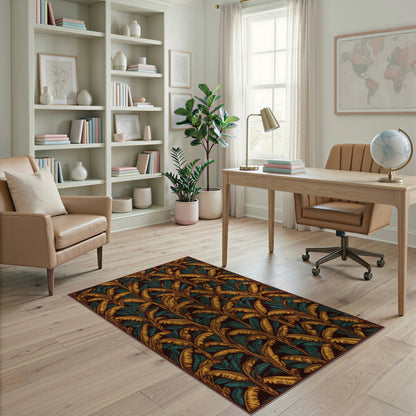 Gold Teal Leaf Boho Area Rug