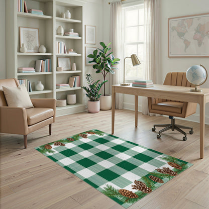 Green Gingham Pinecone Rustic Area Rug