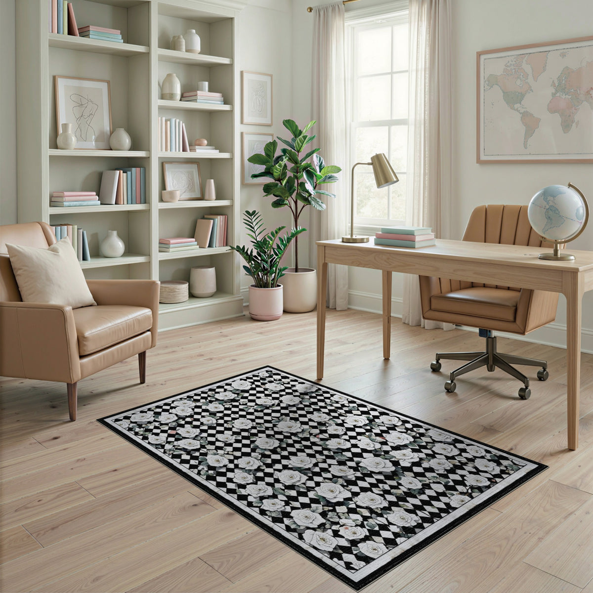 Black and White Black White Rose Checkered Area Rug