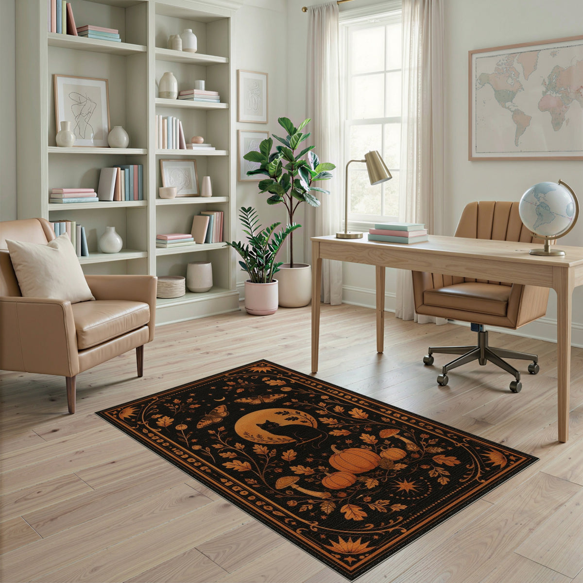 Mystical Black Cat Orange Moon Area Rug