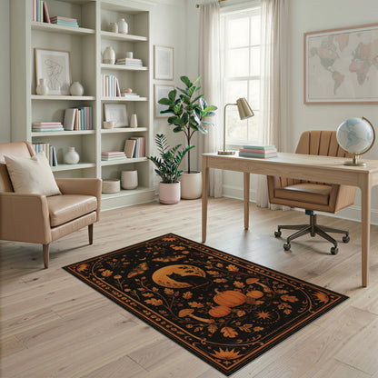 Mystical Black Cat Orange Moon Area Rug
