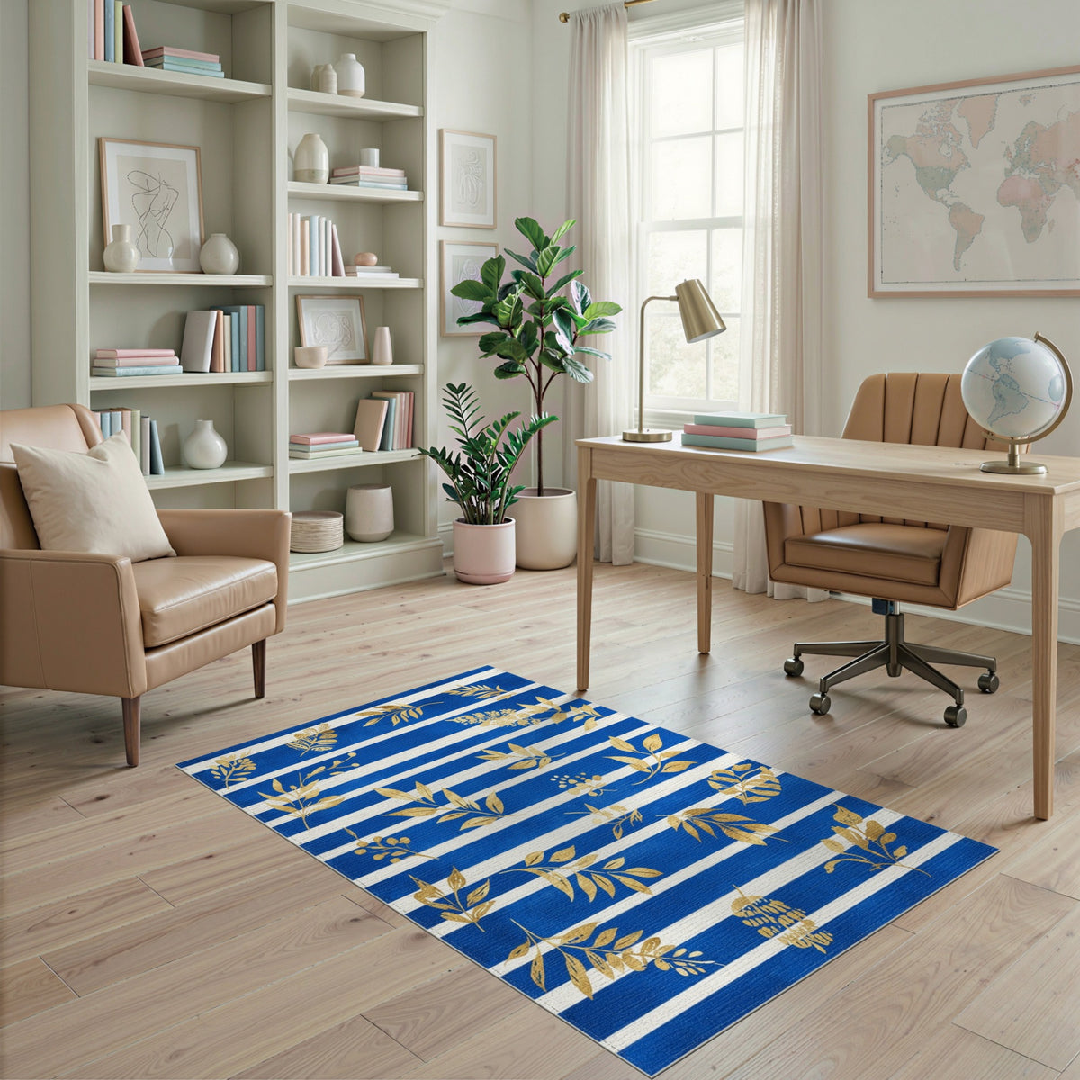 Blue Striped Gold Leaf Washable Area Rug
