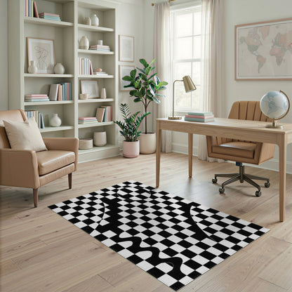 Black White Geometric Checkerboard Wave Area Rug