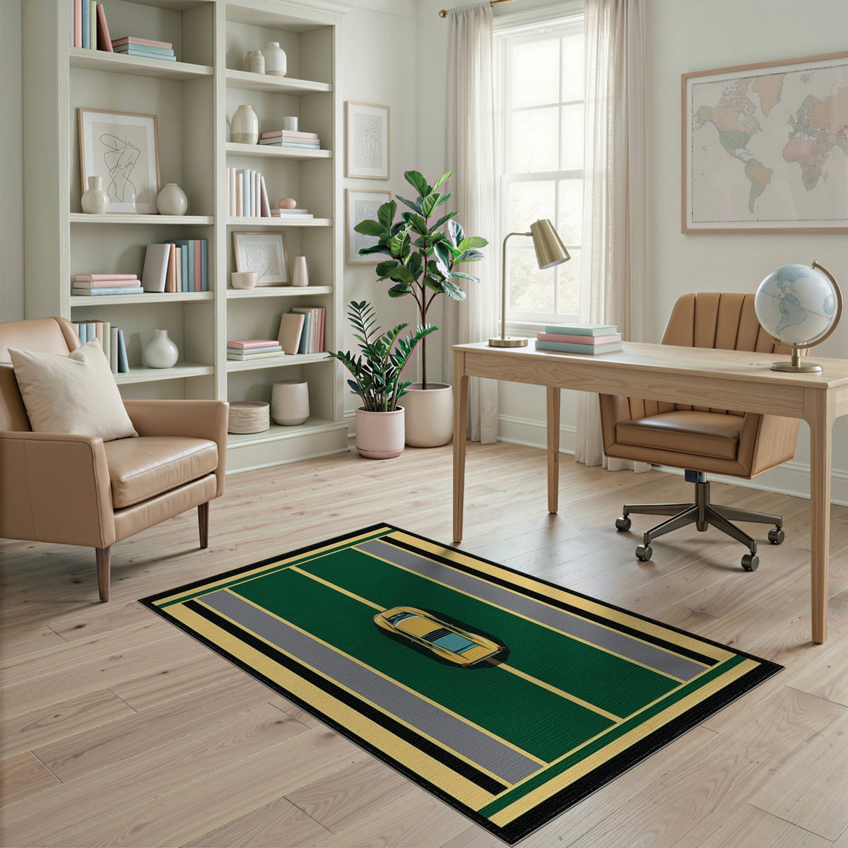 Yellow Car Green Geometric Area Rug