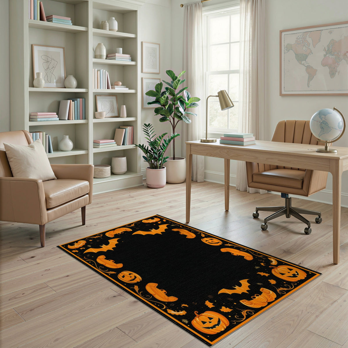 Halloween Orange Pumpkin Bat Area Rug