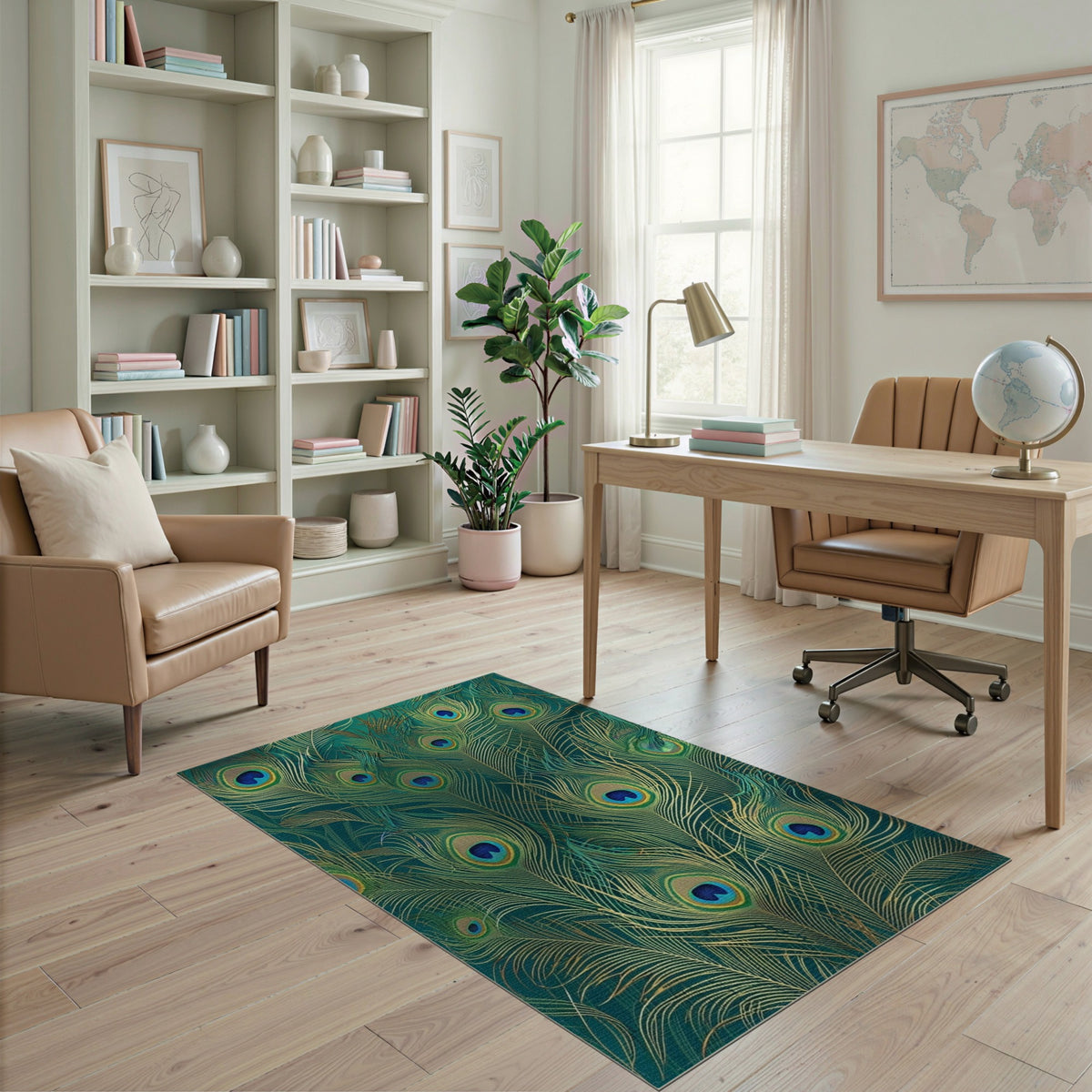 Peacock Feather Blue Teal Boho Area Rug