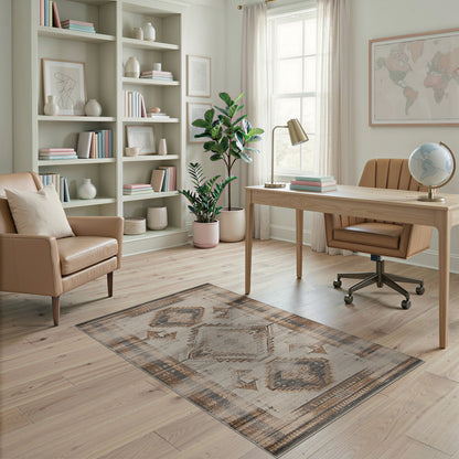 Brown and Tan Distressed Brown Geometric Area Rug