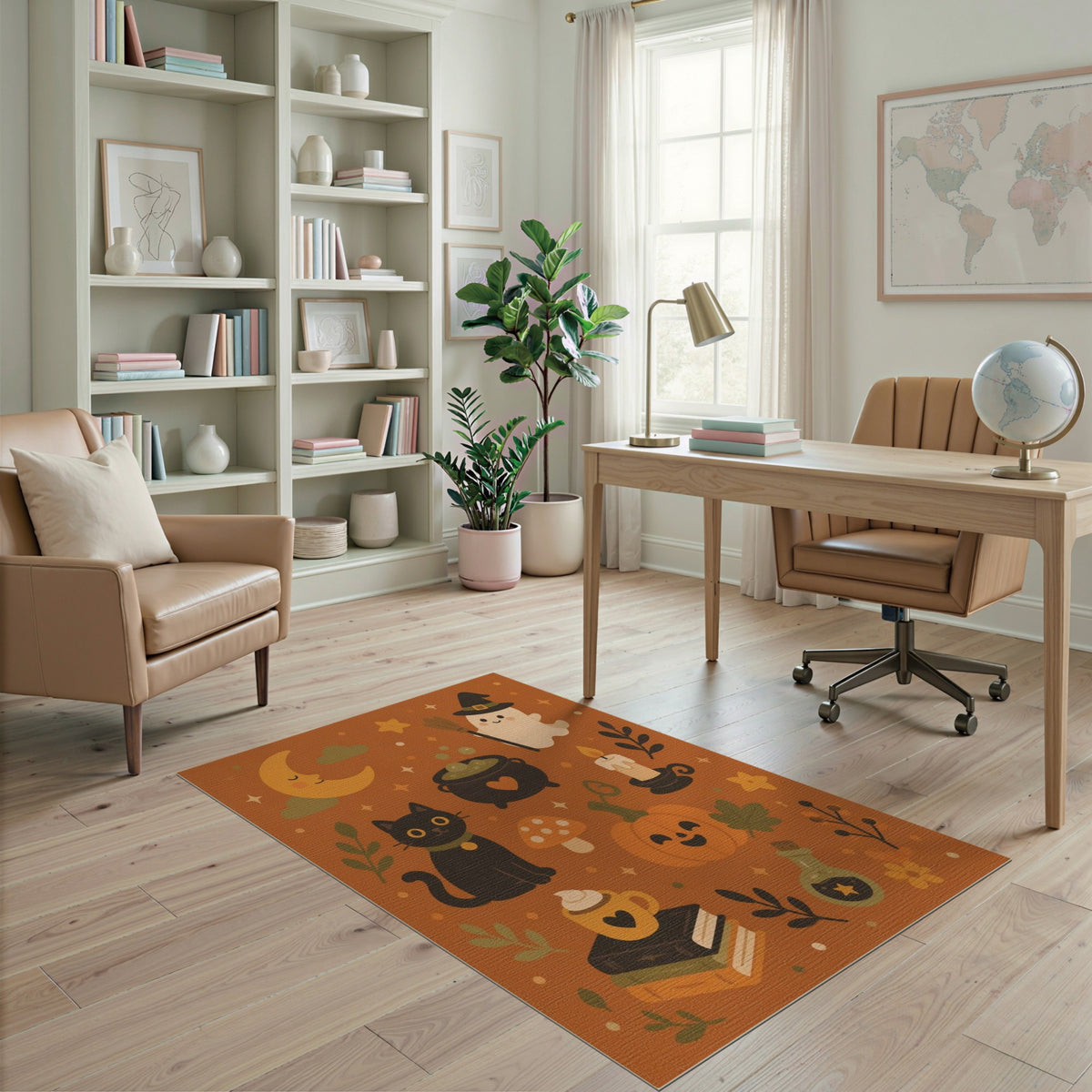 Halloween Orange Cartoon Rug with Black Cat and Pumpkin