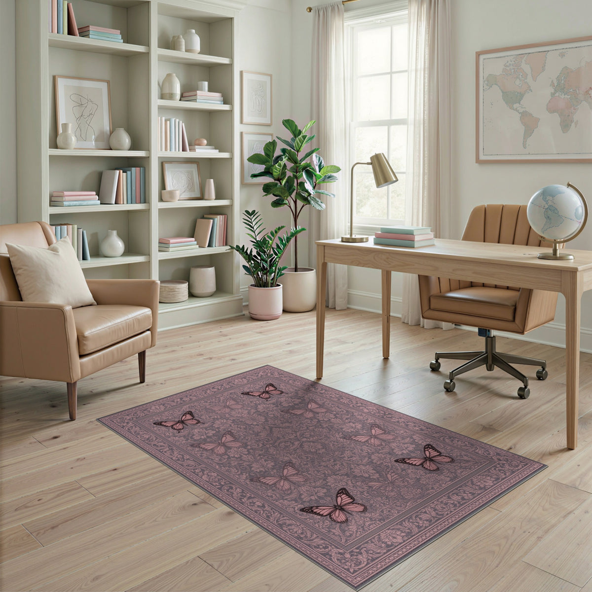Pink Butterfly Floral Vintage Area Rug