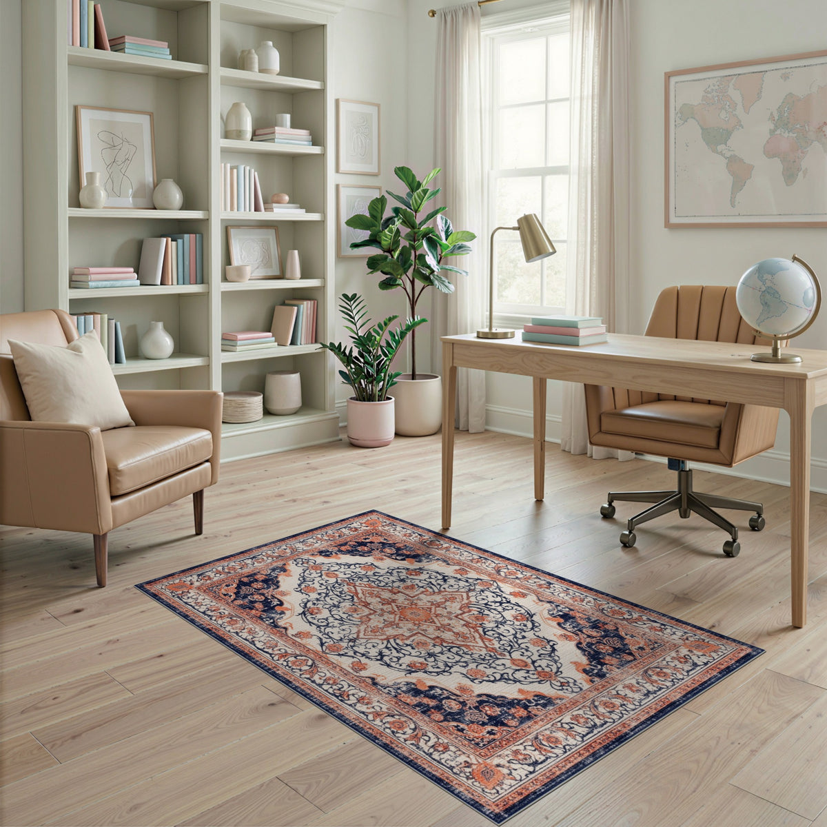 Navy Blue Orange Persian Medallion Rug