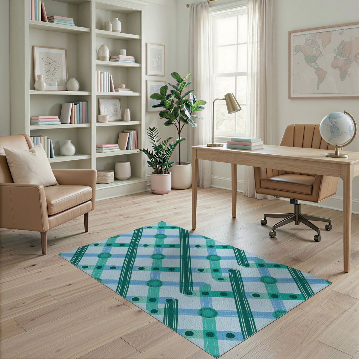 Teal Lattice Geometric Washable Area Rug