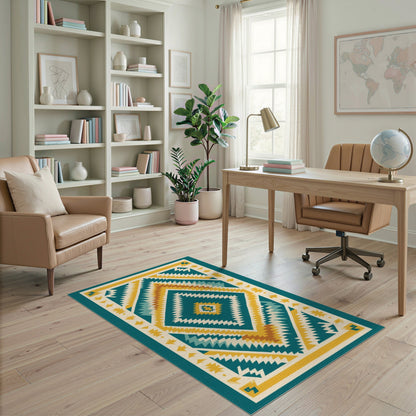 Blue and Teal Diamond Heritage Tribal Area Rug