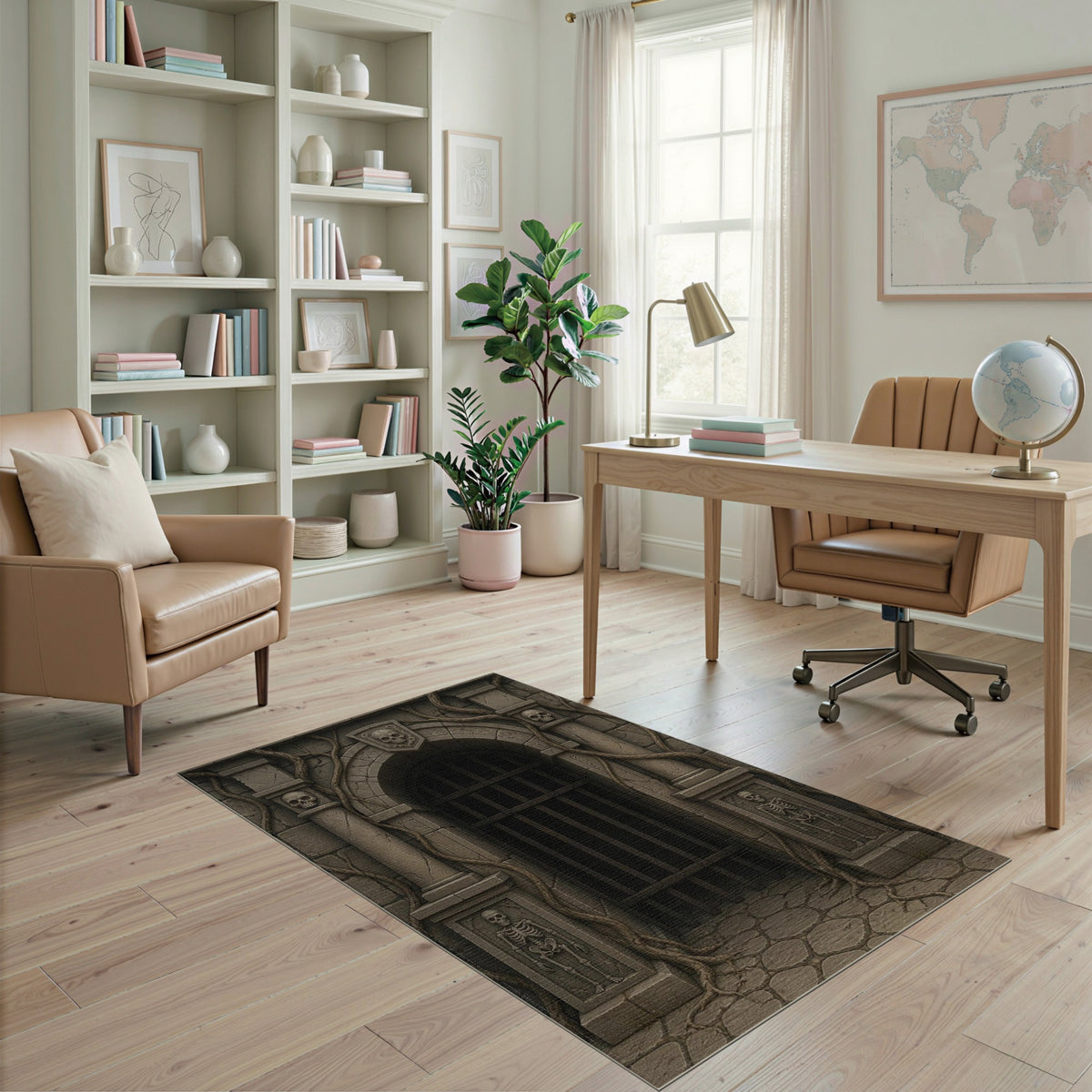 Gothic Dungeon Skull Arch Grey Area Rug