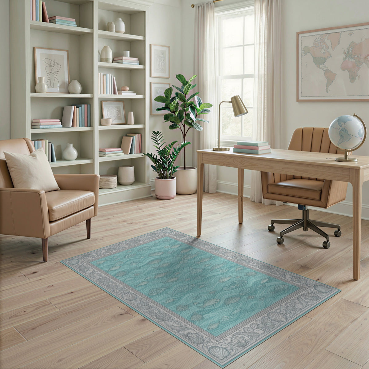 Blue Coastal Fish and Seashell Area Rug