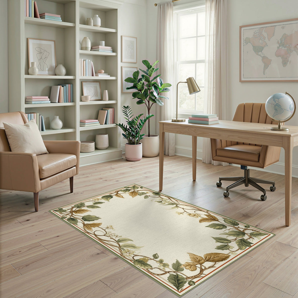 Floral Vintage Green Vine Leaf Floral Area Rug