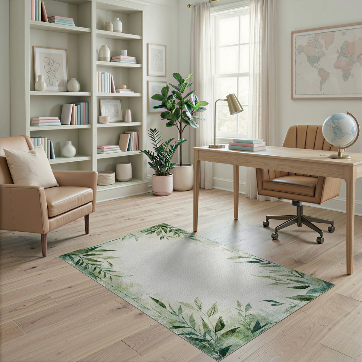 Green Botanical Leaves Distressed Area Rug