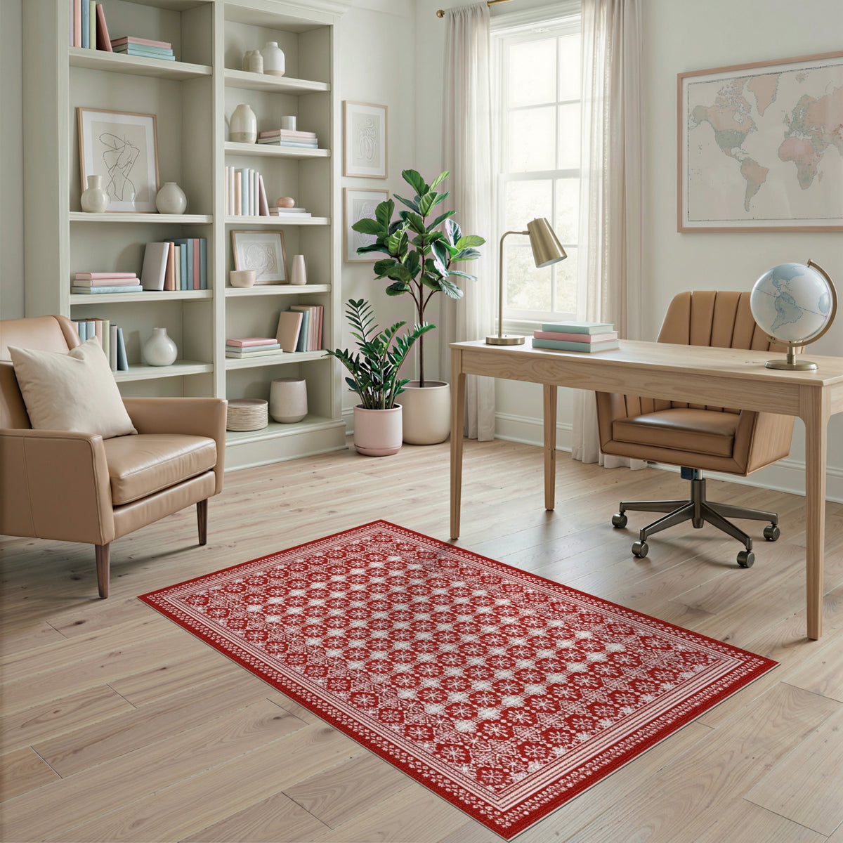 Red Snowflake Geometric Area Rug