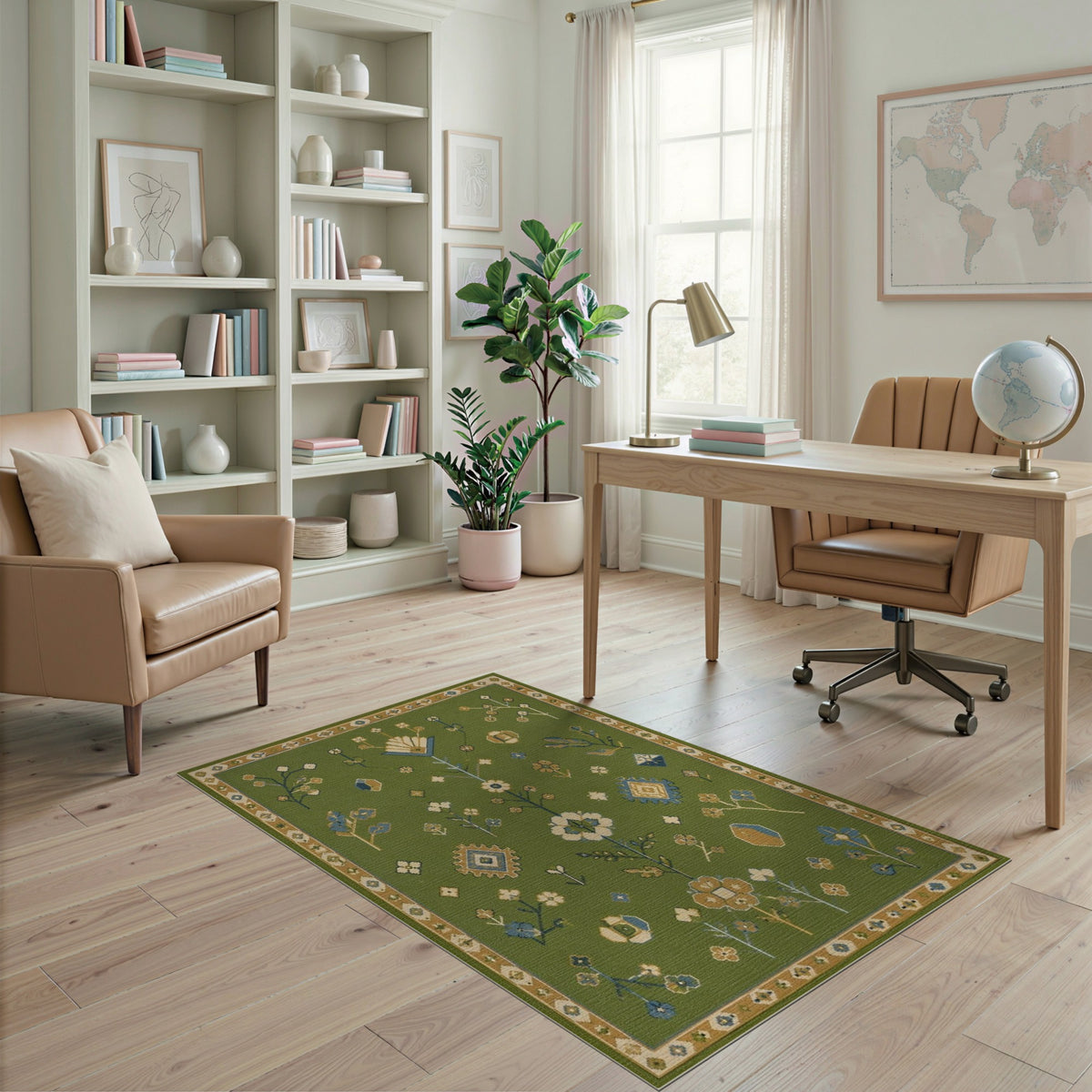 Green Floral Vintage Area Rug