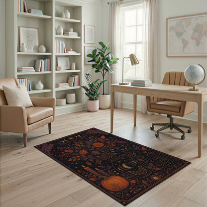 Mystical Celestial Cat Floral Area Rug