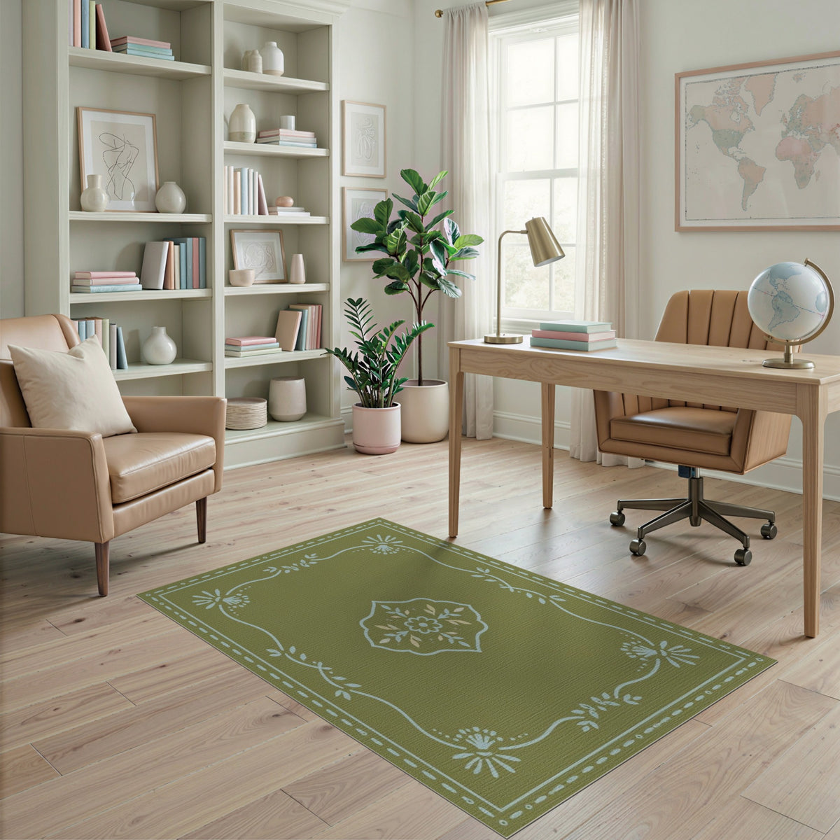 Sage Green Vintage Floral Medallion Rug