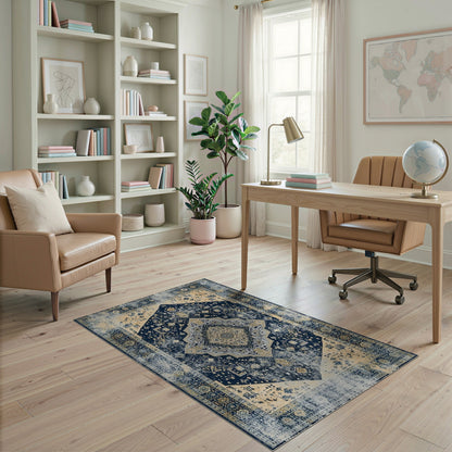 Navy Blue Distressed Vintage Medallion Rug