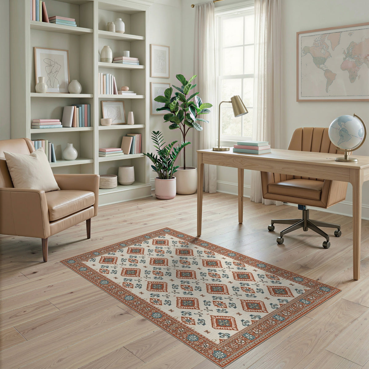 Beige Southwestern Area Rug with Red Teal Diamonds