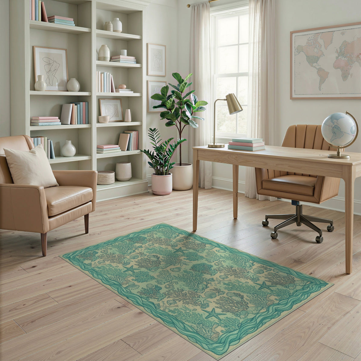Blue and Teal Coral Starfish Coastal Area Rug