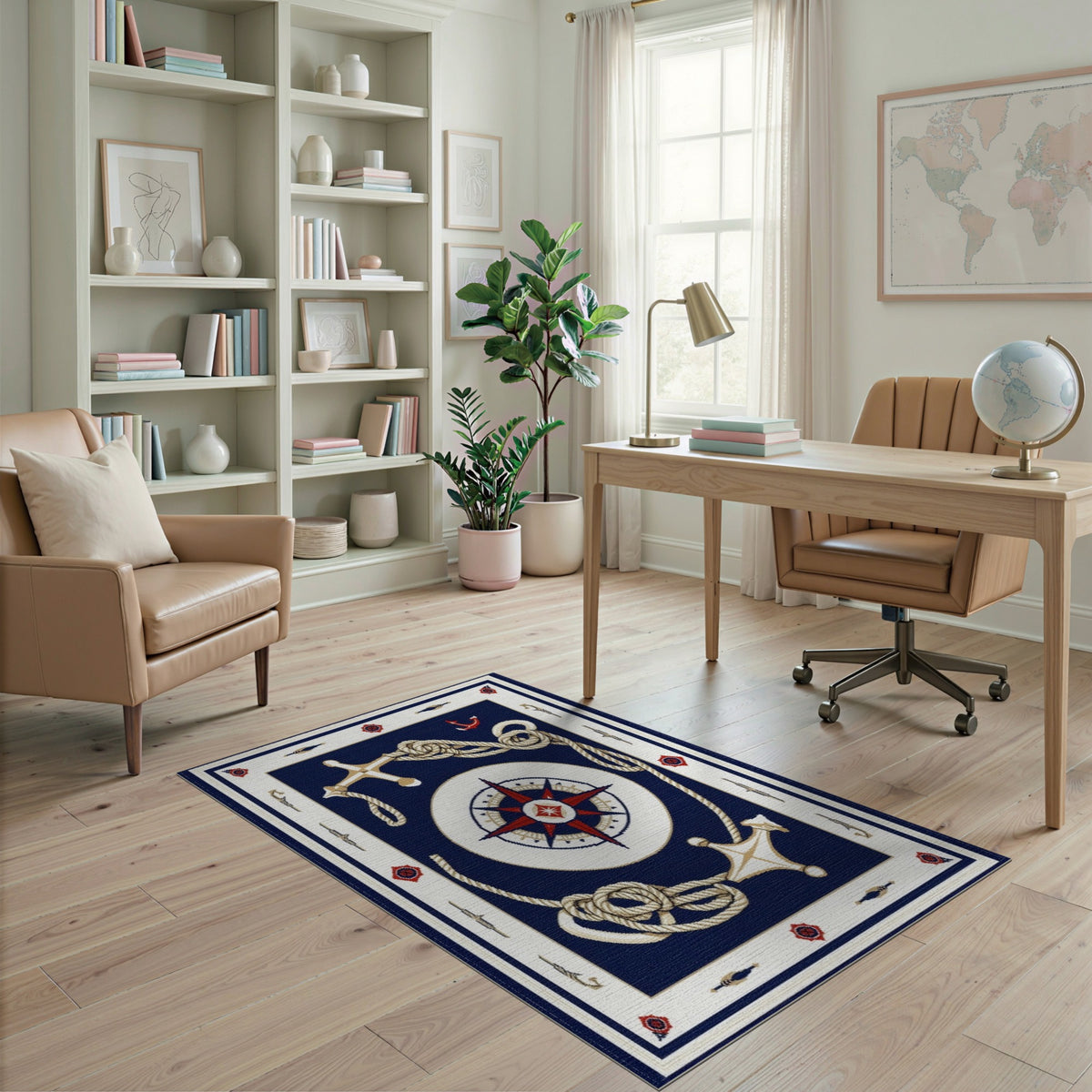 Nautical Compass Anchor Blue Area Rug