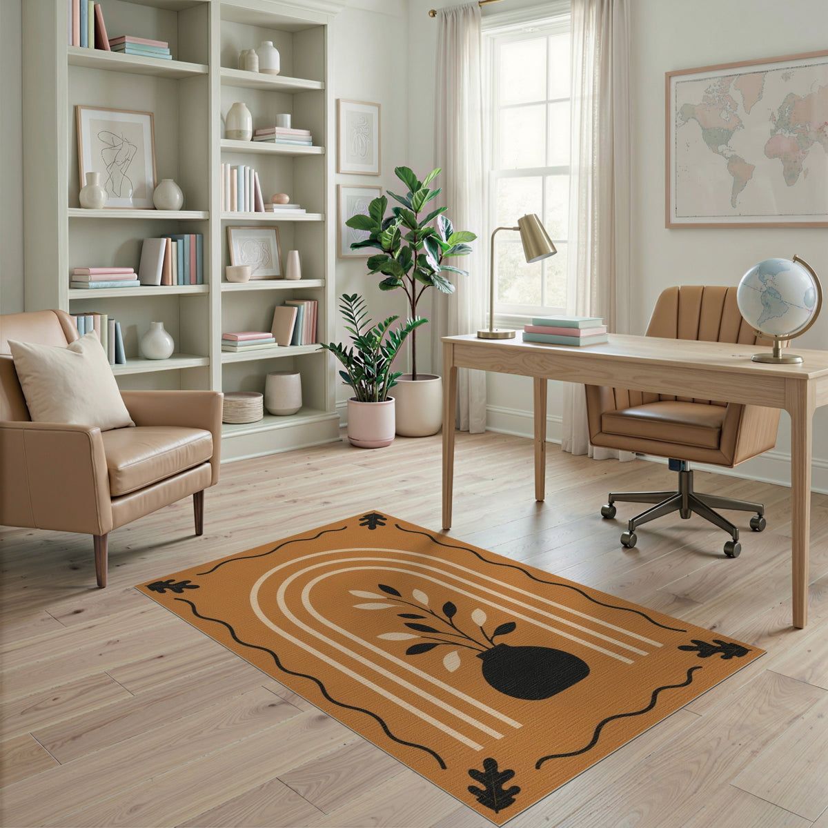 Orange Boho Vase Leaf Area Rug