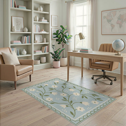 Blue Floral Scalloped Vintage Rug