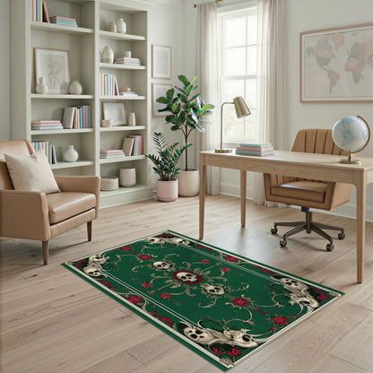 Dark Green Skull Floral Area Rug