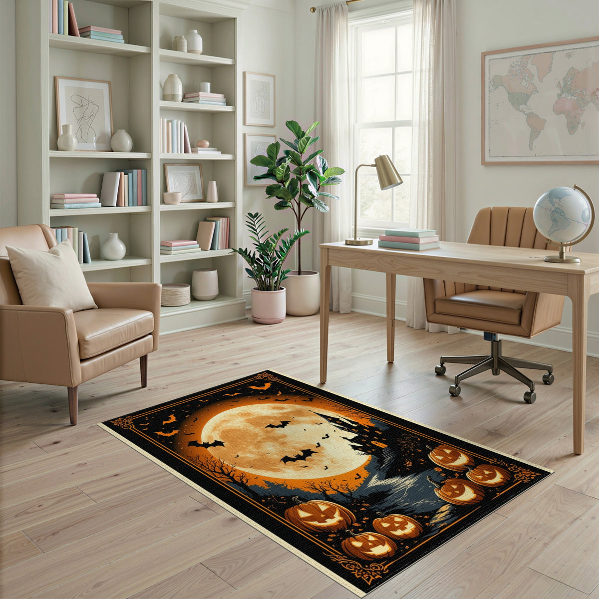 Orange Spooky Halloween Castle Area Rug