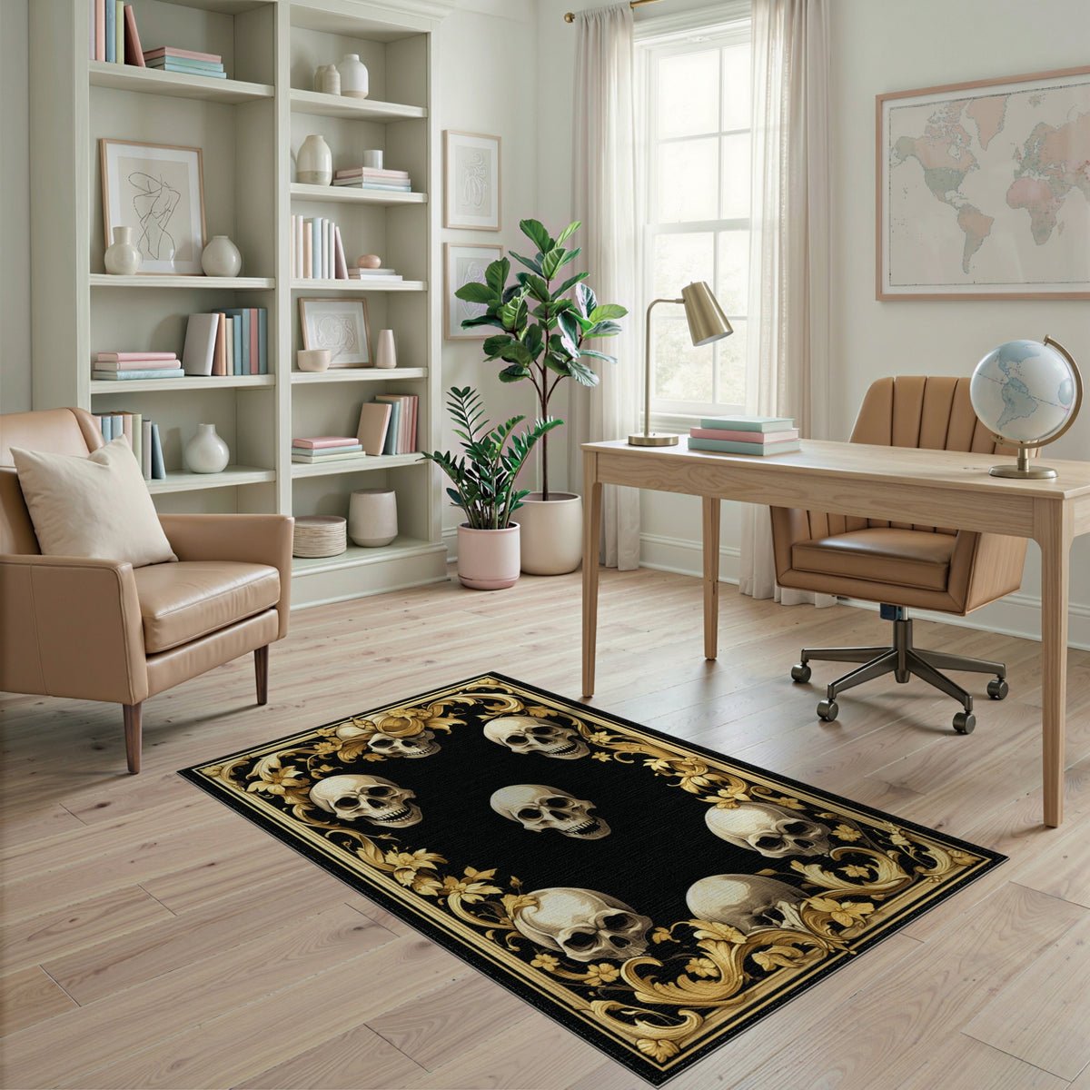 Ornate Gold Skull Floral Area Rug