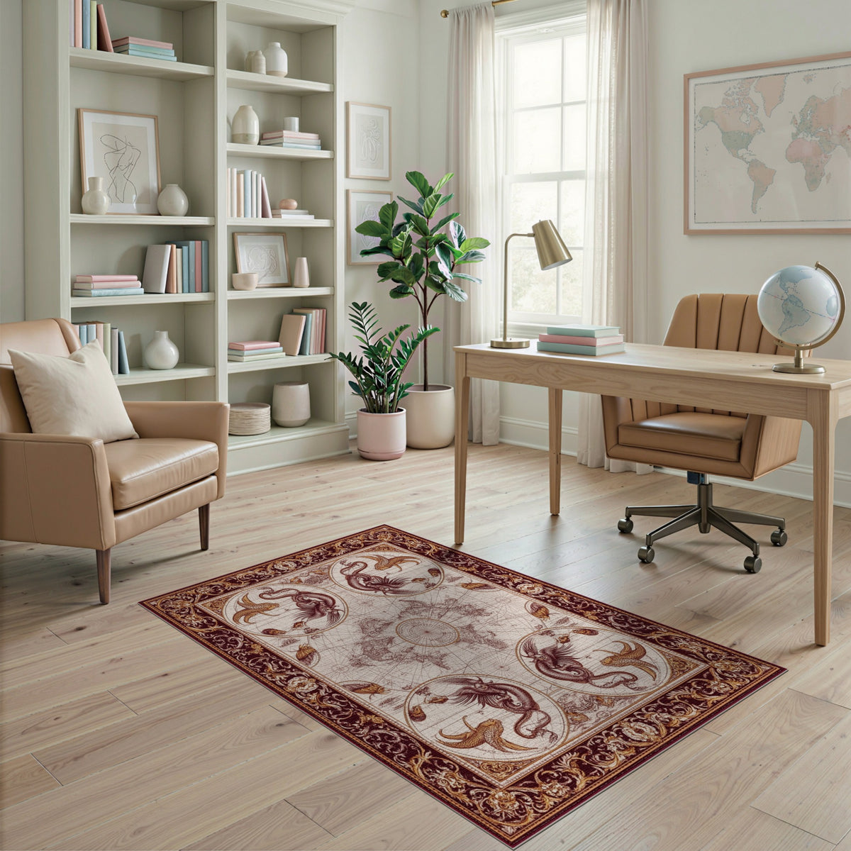 Vintage World Map Red Gold Creatures Area Rug