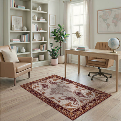 Vintage World Map Red Gold Creatures Area Rug