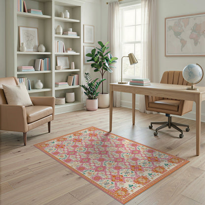 Vibrant Pink Floral Traditional Persian Area Rug